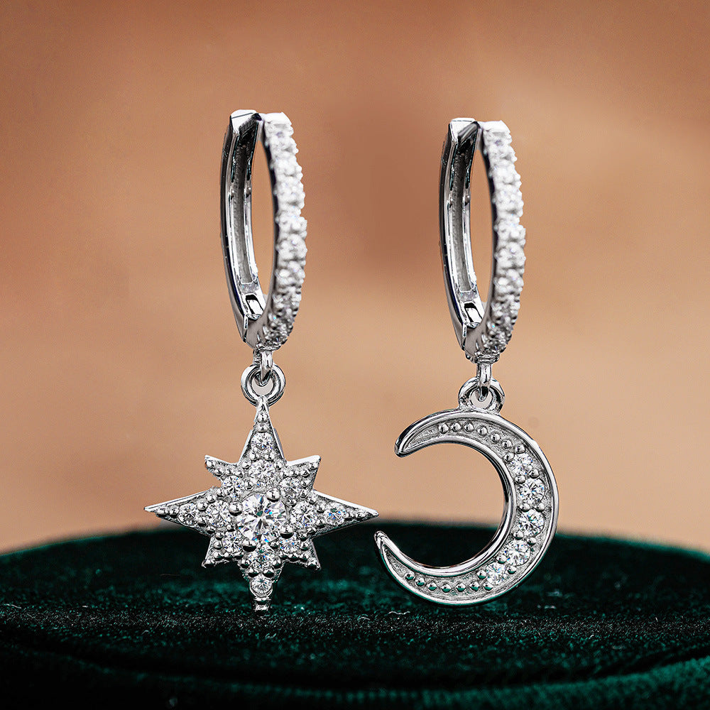 Ethereal Moon and Star Dangling Huggie Moissanite Earrings
