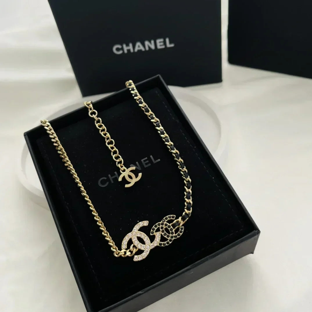 Chanel Double Logo Black Leather Necklace