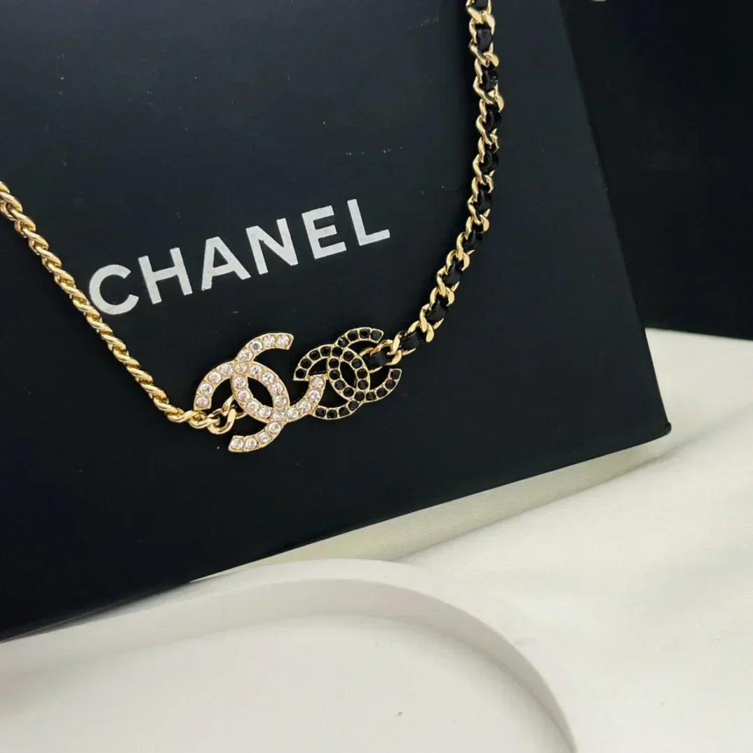 Chanel Double Logo Black Leather Necklace
