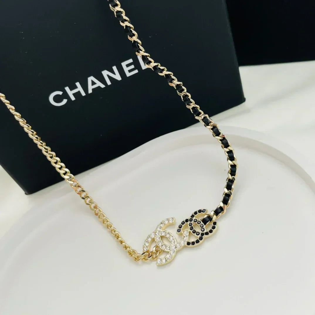 Chanel Double Logo Black Leather Necklace